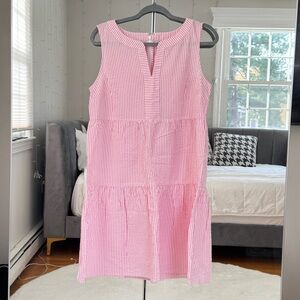 Talbots Seersucker Pink & White Sleeveless Tiered Dress